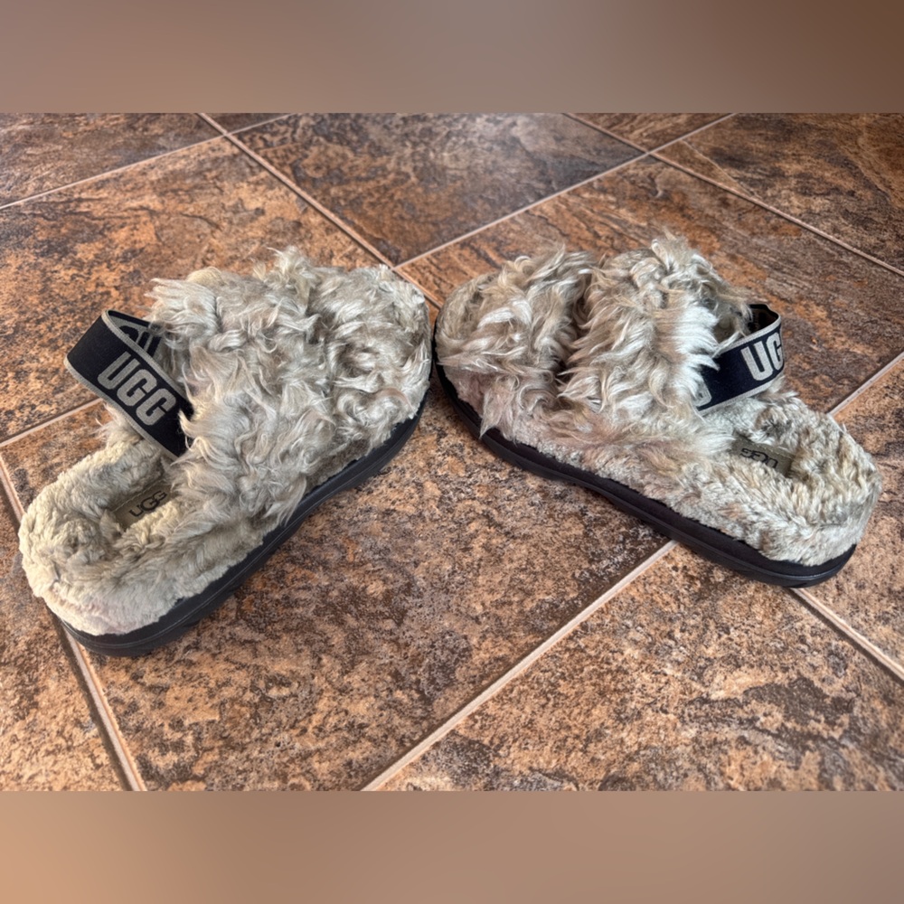 NEW!!! UGG Fluff Sugar Slingback Double Strap Faux Fur Sandals- Green/Gray, 8